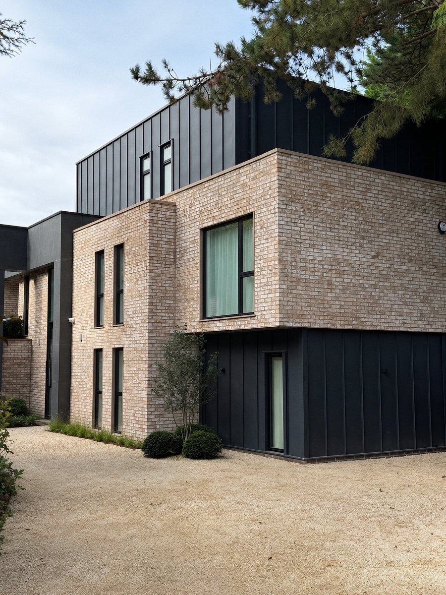 Same front corner finished in buff brick slip with dark standing-seam upper floor
